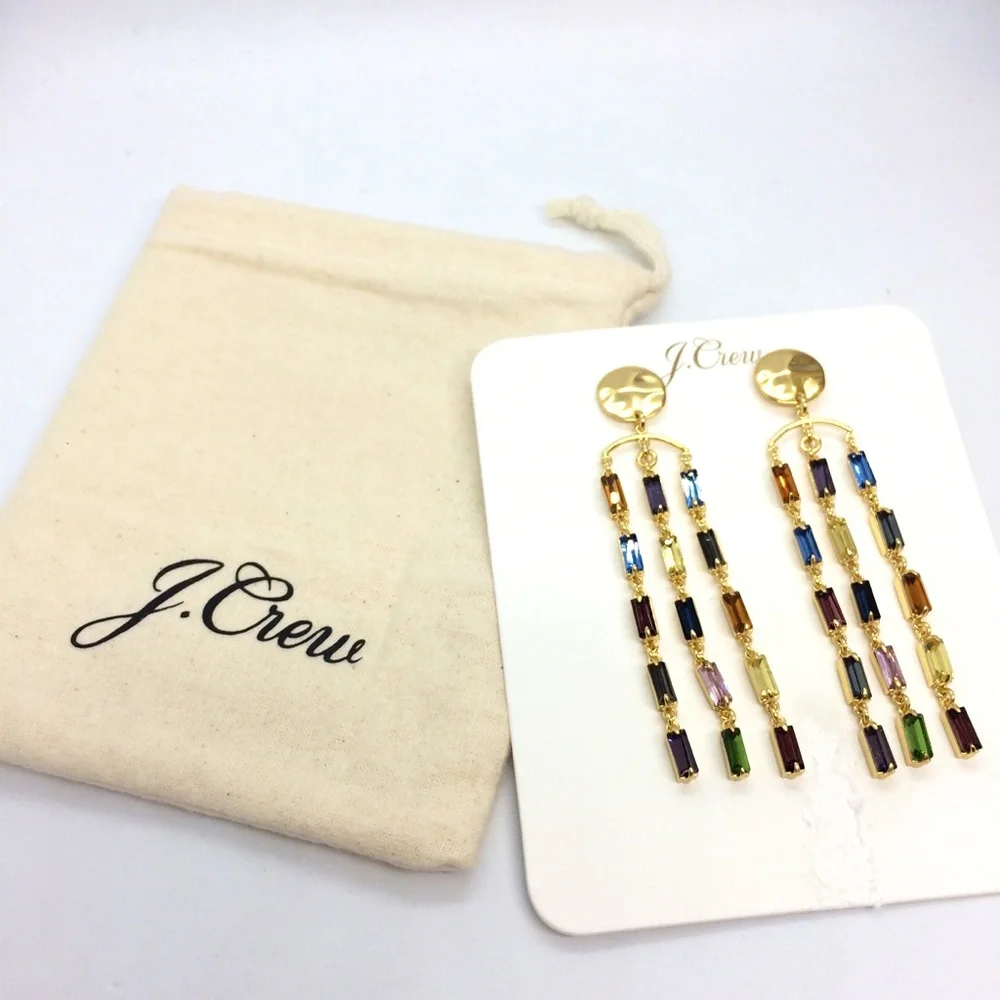 J. CREW BAGUETTE CRYSTAL WATERFALL EARRINGS MULTI-COLOR RAINBOW GOLD TONE NWT